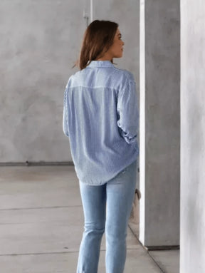 Camisa Manga Longa Feminina Listrada com Botões Solta em Tecido Crepe Premium sem Bolso Tendencia Casual Elegânte
