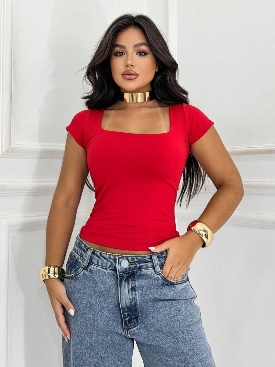 Blusa Feminina Básica Decote Quadrado Manga Curta Baby Look Moda Casual Versátil Blogueira Em Alta Gringa