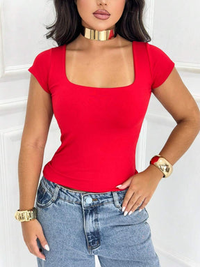 Blusa Feminina Básica Decote Quadrado Manga Curta Baby Look Moda Casual Versátil Blogueira Em Alta Gringa
