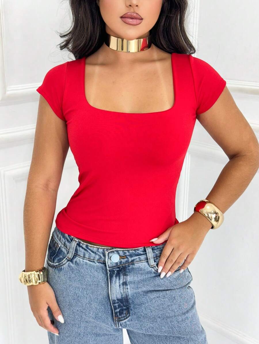 Blusa Feminina Básica Decote Quadrado Manga Curta Baby Look Moda Casual Versátil Blogueira Em Alta Gringa