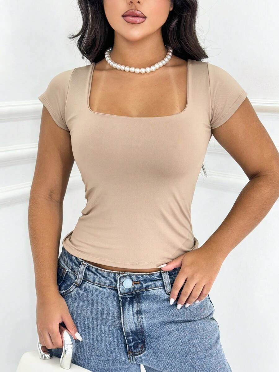 Blusa Feminina Básica Decote Quadrado Manga Curta Baby Look Moda Casual Versátil Blogueira Em Alta Gringa
