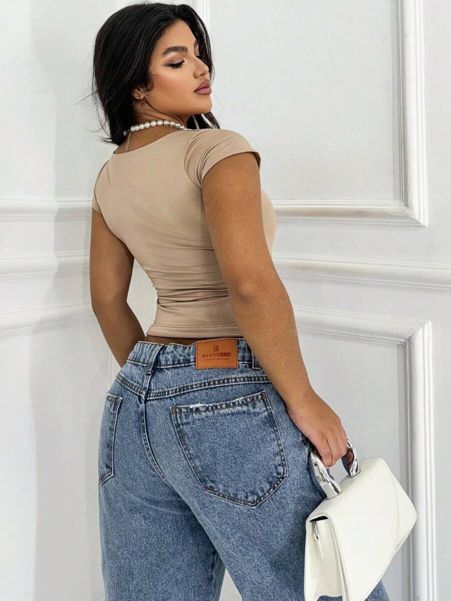 Blusa Feminina Básica Decote Quadrado Manga Curta Baby Look Moda Casual Versátil Blogueira Em Alta Gringa