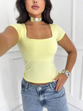 Blusa Feminina Básica Decote Quadrado Manga Curta Baby Look Moda Casual Versátil Blogueira Em Alta Gringa
