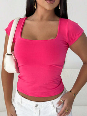 Blusa Feminina Básica Decote Quadrado Manga Curta Baby Look Moda Casual Versátil Blogueira Em Alta Gringa