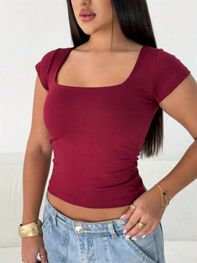 Blusa Feminina Básica Decote Quadrado Manga Curta Baby Look Moda Casual Versátil Blogueira Em Alta Gringa